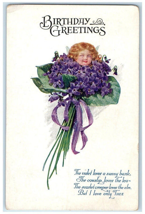 c1910's Birthday Greetings Little Girl Head Violet Flowers Antique Postcard