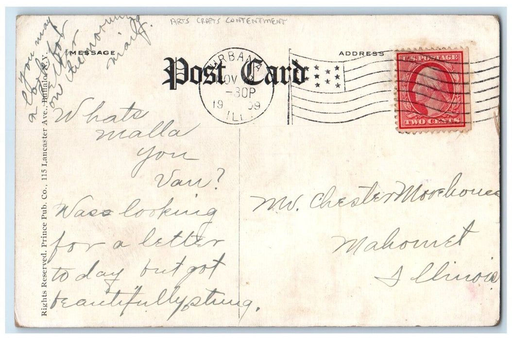 1909 Contentment Message Arts Crafts Urbana Illinois IL Antique Posted Postcard