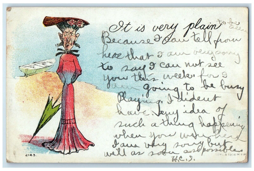 c1905 Angry Old Lady Hug Umbrella Boat It Is Very Plain Posted Antique Postcard