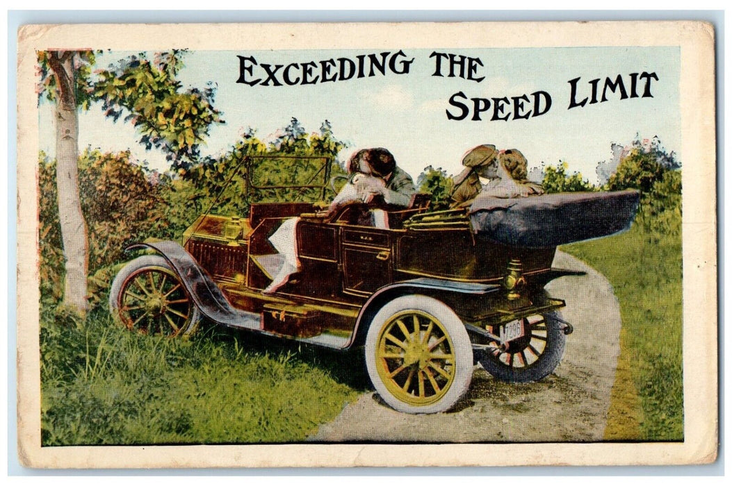 c1910's Sweet Couple Romance Kissing Car Exceeding Speed Limit Antique Postcard