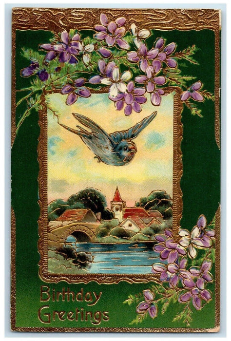 c1910's Birthday Greetings Bird Purple Flowers Embossed Gel Gold Gilt Postcard