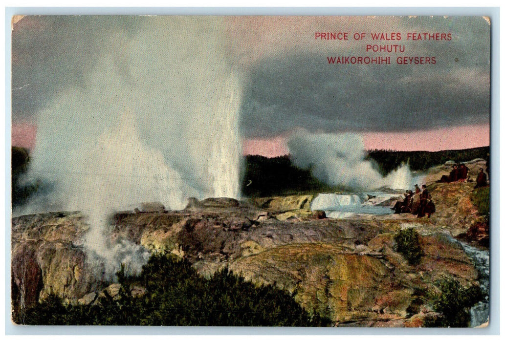 c1910 Prince of Wales Feathers Pohutu Waikorohihi Geysers New Zealand Postcard