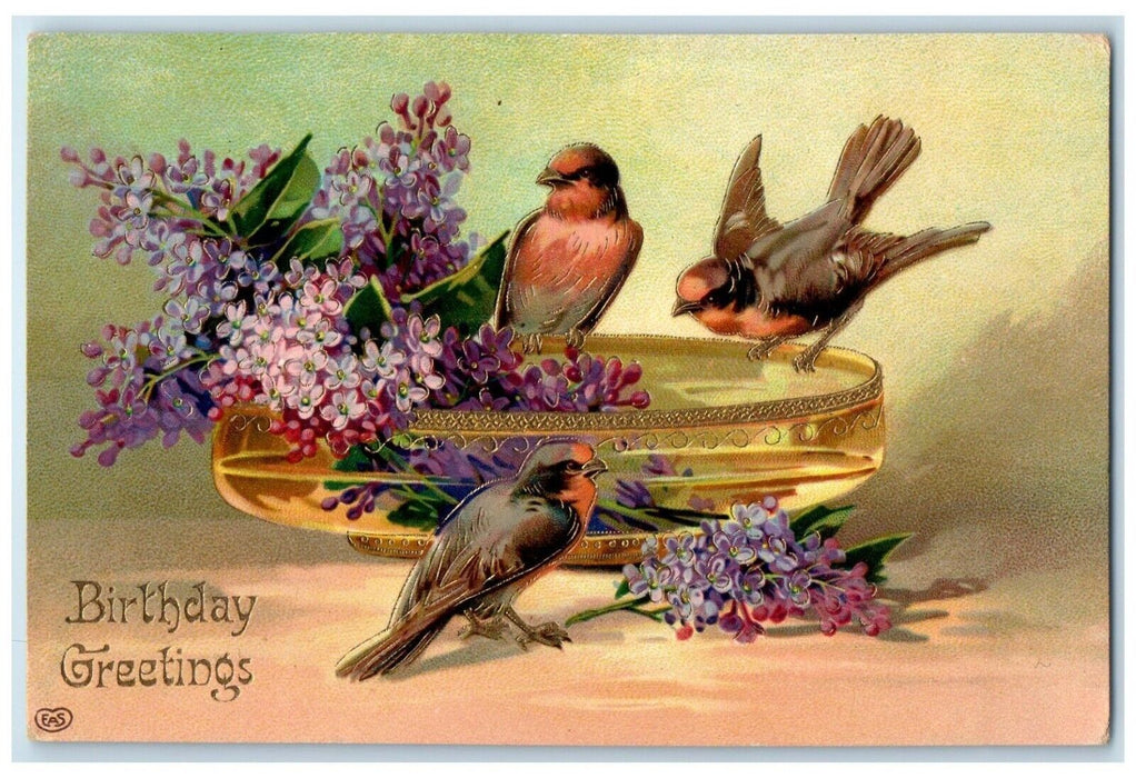 c1910s Birthday Greetings Flowers Song Birds Embossed Gel Gold Gilt EAS Postcard