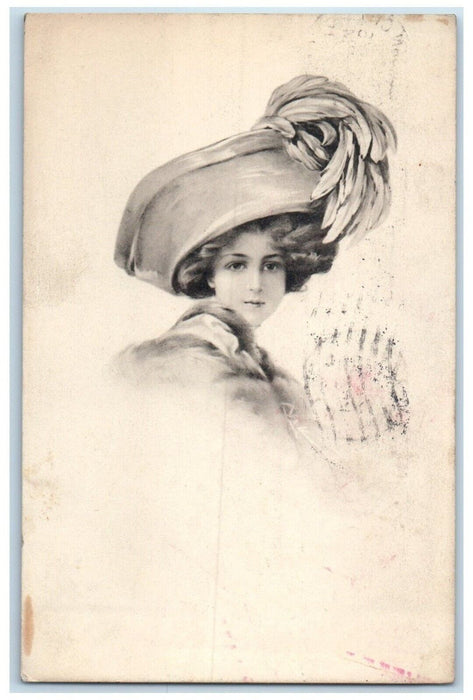 1911 Pretty Woman Big Hat Feather Michigan City Indiana IN Antique Postcard