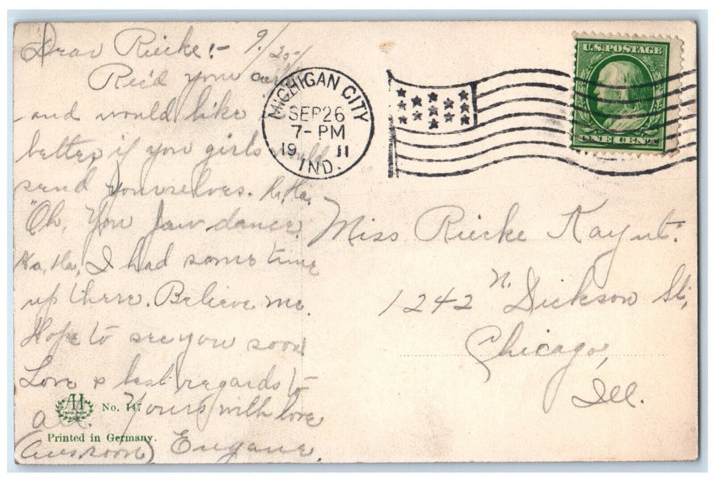 1911 Pretty Woman Big Hat Feather Michigan City Indiana IN Antique Postcard