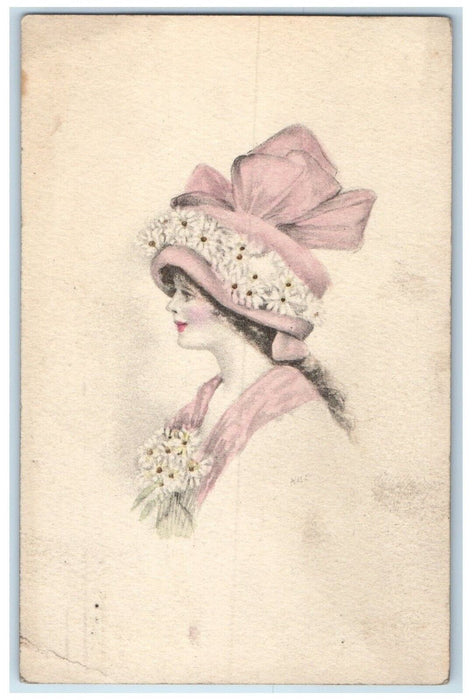 1913 Pretty Woman Daisy Flowers Bonnet Lemont Illinois IL Antique Postcard
