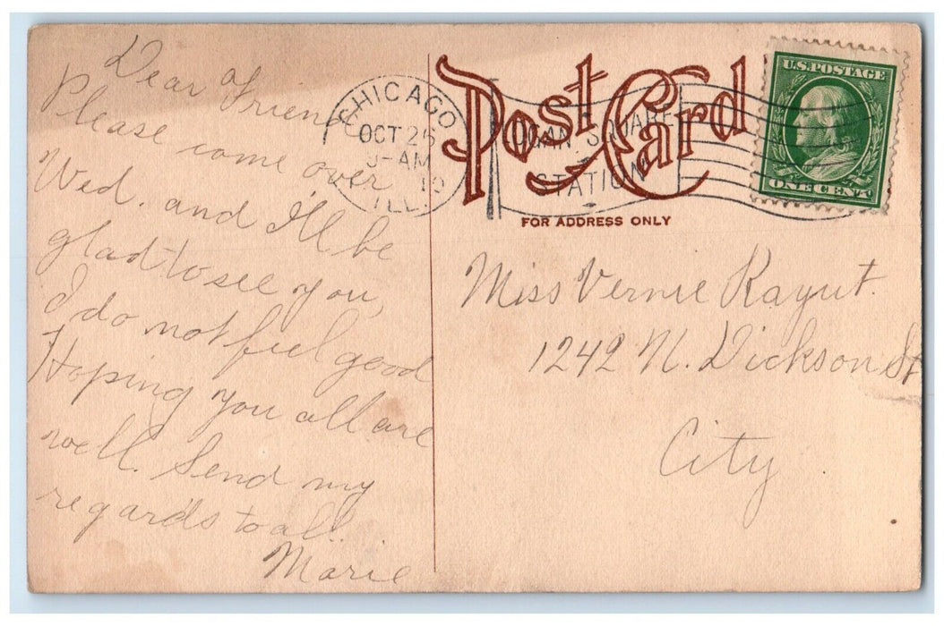 1910 Pretty Woman Bonnet Archie Gunn Chicago Illinois IL Posted Antique Postcard