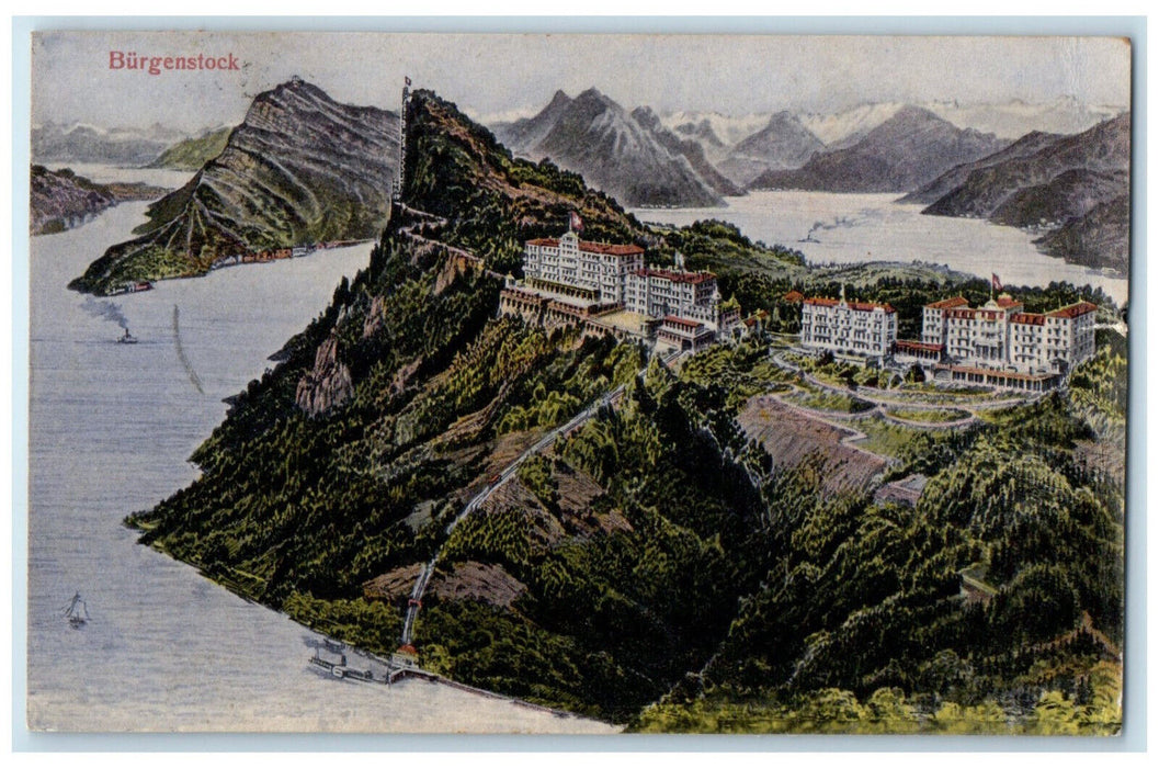 c1910 Buildings Rock Mountains Sea Burgenstock Switzerland Antique Postcard