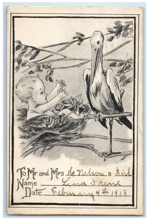 1913 Stork Baby Nest Chicago Nashville Illinois IL Posted Antique Postcard