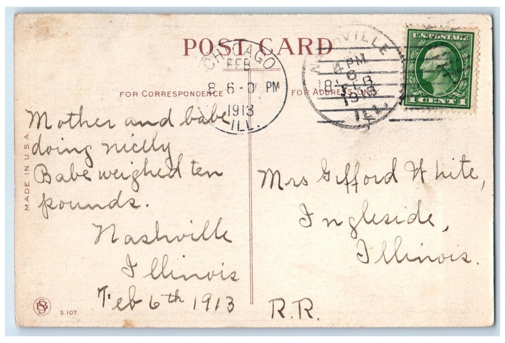 1913 Stork Baby Nest Chicago Nashville Illinois IL Posted Antique Postcard