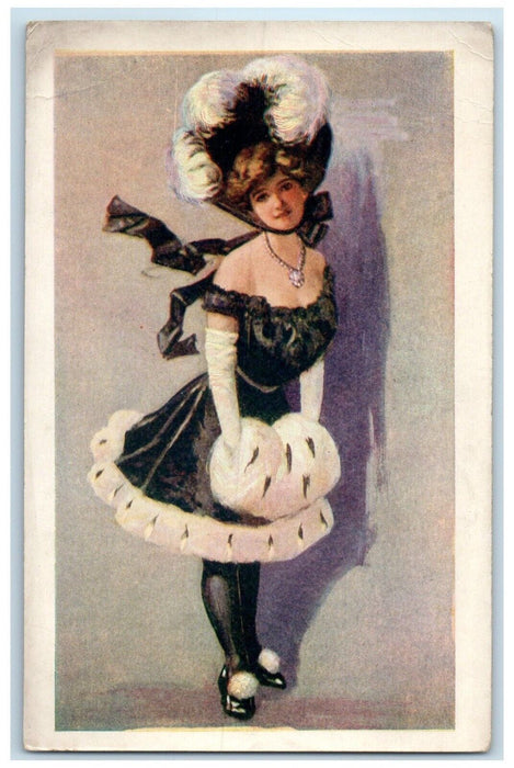 c1910's Pretty Woman Big Hat Feather Handwarmer Unposted Antique Postcard