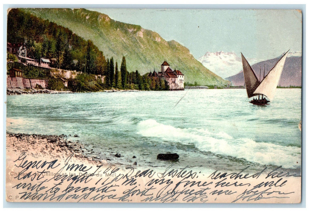 1905 Boat Scene Chillon Castle Veytaux Switzerland Antique Posted Postcard