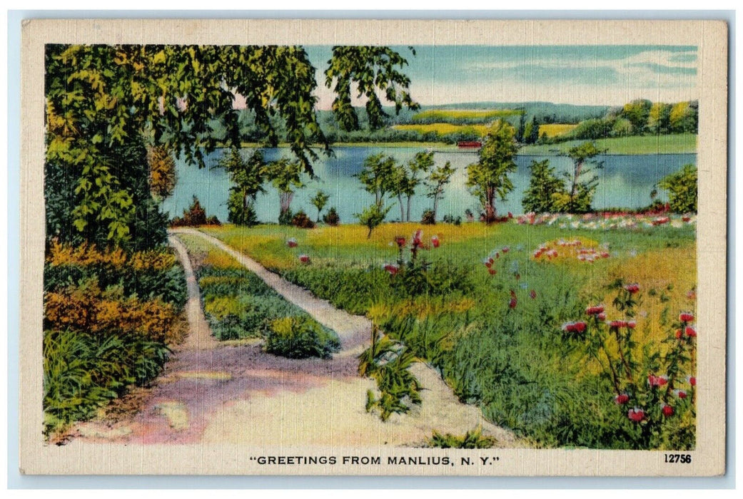 1947 Greetings From Flower Field Lake River Trees Manlius New York NY Postcard