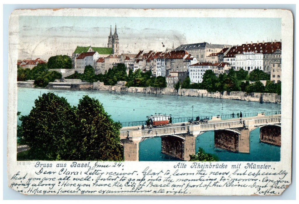 1901 Old Rhine Bridge With Munster Greetings from Basel Switzerland Postcard