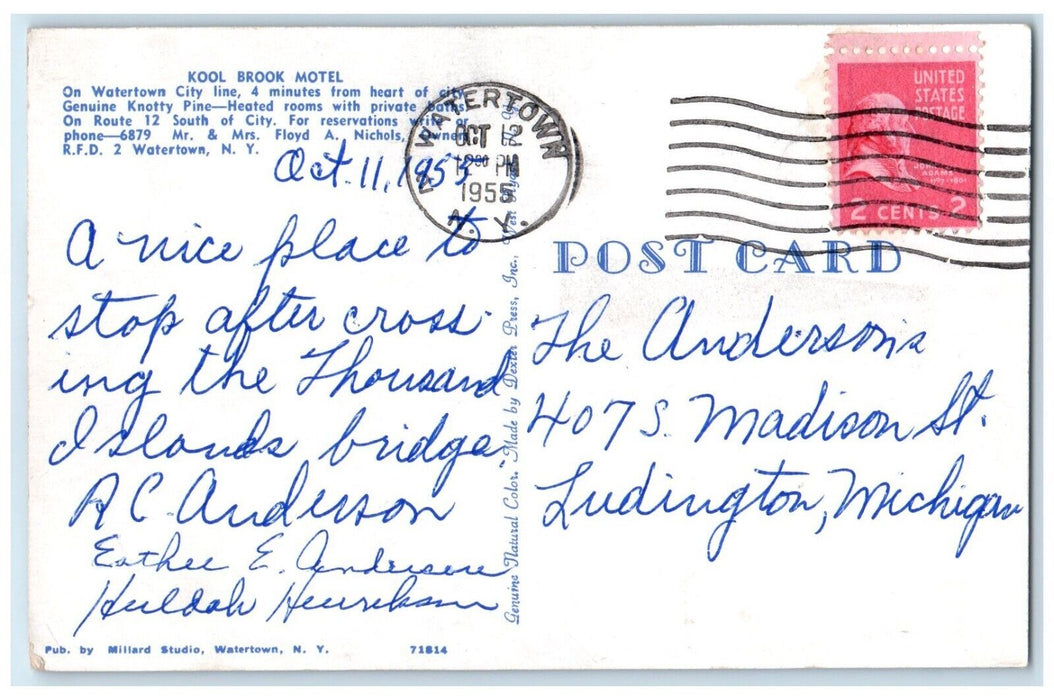 1955 Kool Brook Motel Watertown City Knotty Pine Watertown New York NY Postcard