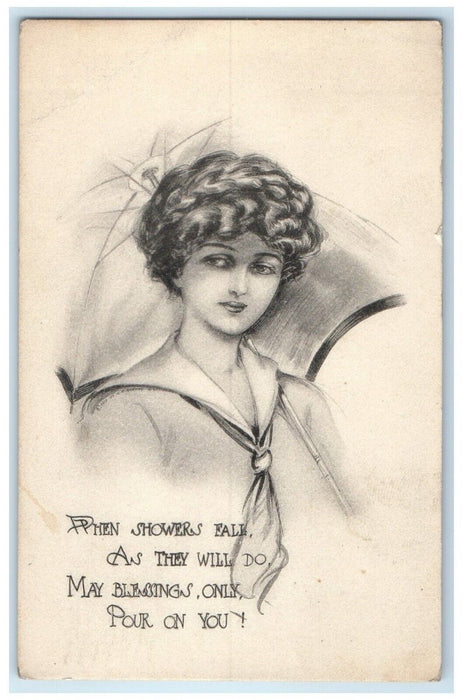 c1910's Pretty Woman Curly Hair Umbrella Michigan City Indiana IN Postcard