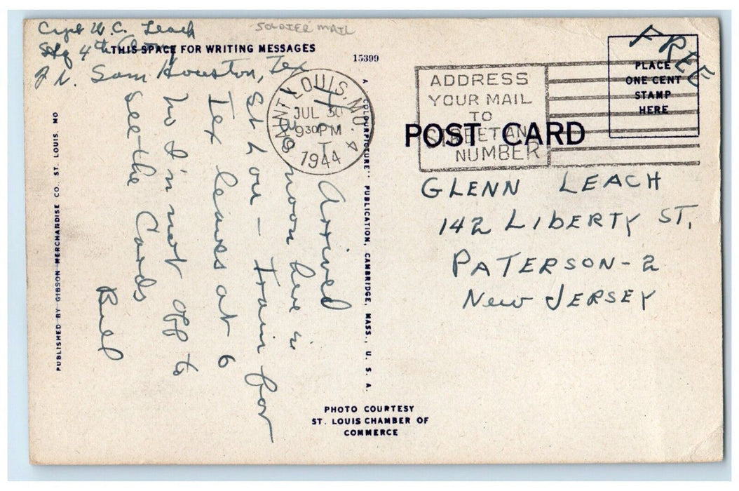 1944 Steamer Admiral Ferry St. Louis Missouri MO Soldier Mail Vintage Postcard