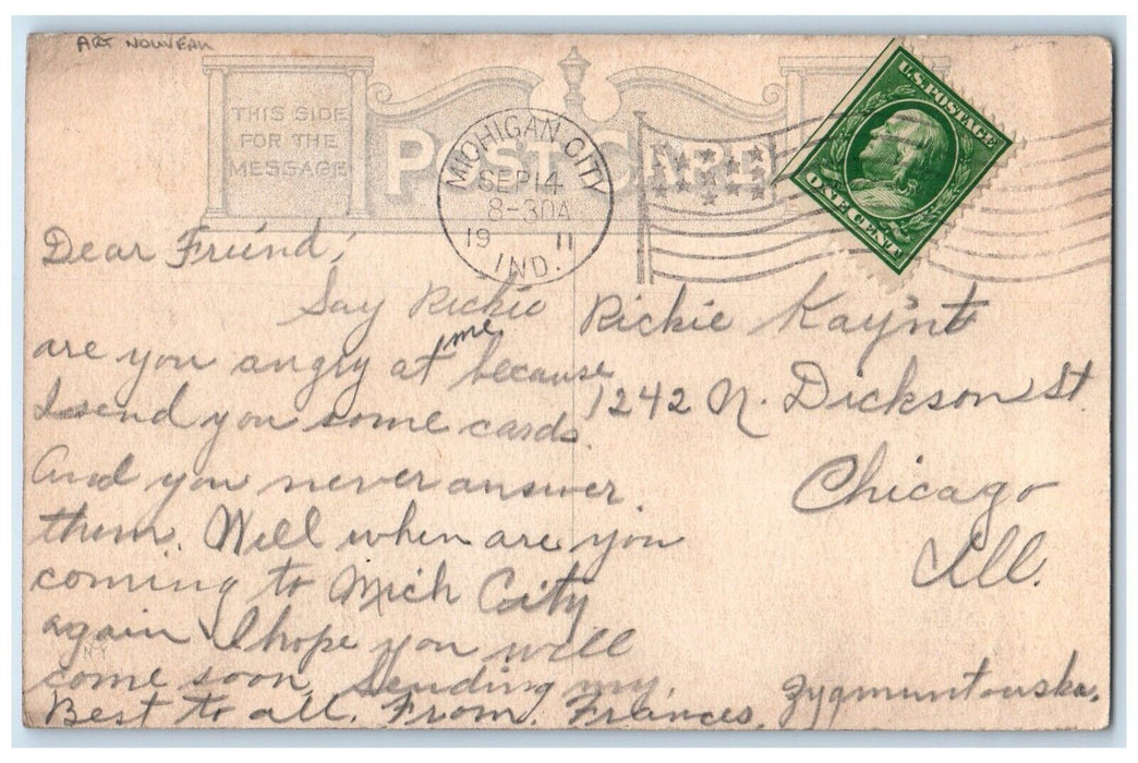 1911 Pretty Woman Art Nouveau Michigan City Indiana IN Antique Postcard