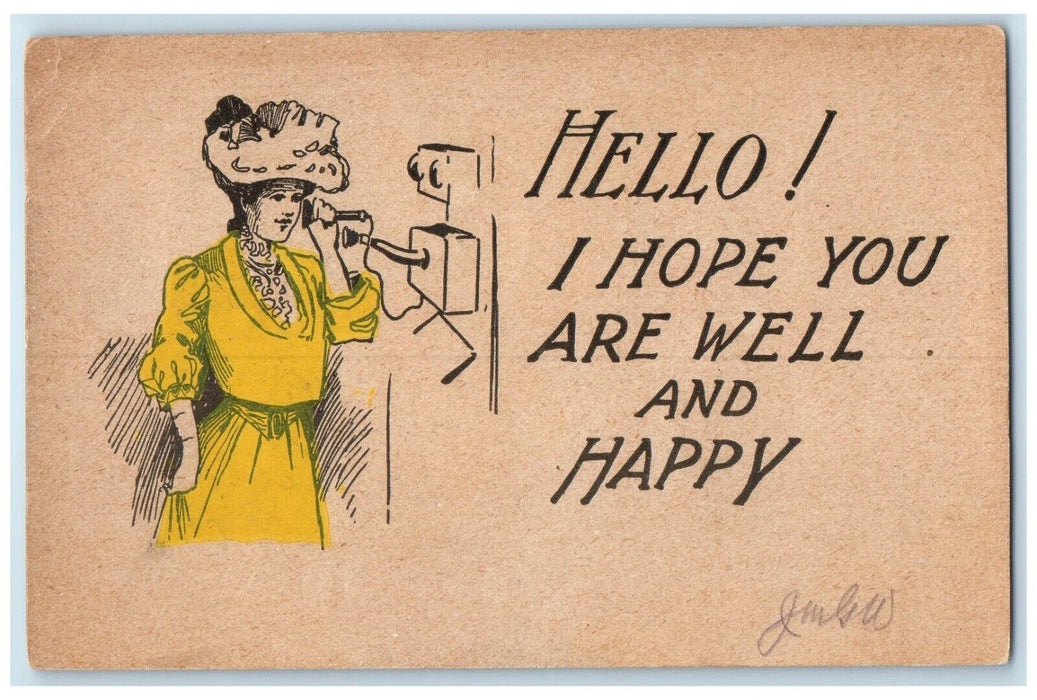 1907 Woman Talking Telephone I Hope You Are Well And Happy Shubuta MI Postcard