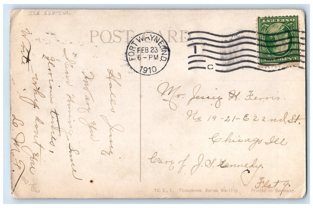 1910 Couple Romance Ice Skating Fort Wayne Indiana IN Posted Antique Postcard