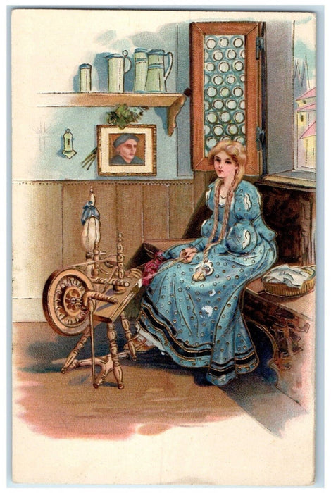 c1910's Pretty Woman Braided Hair Spinning Wheel Embossed Antique Postcard