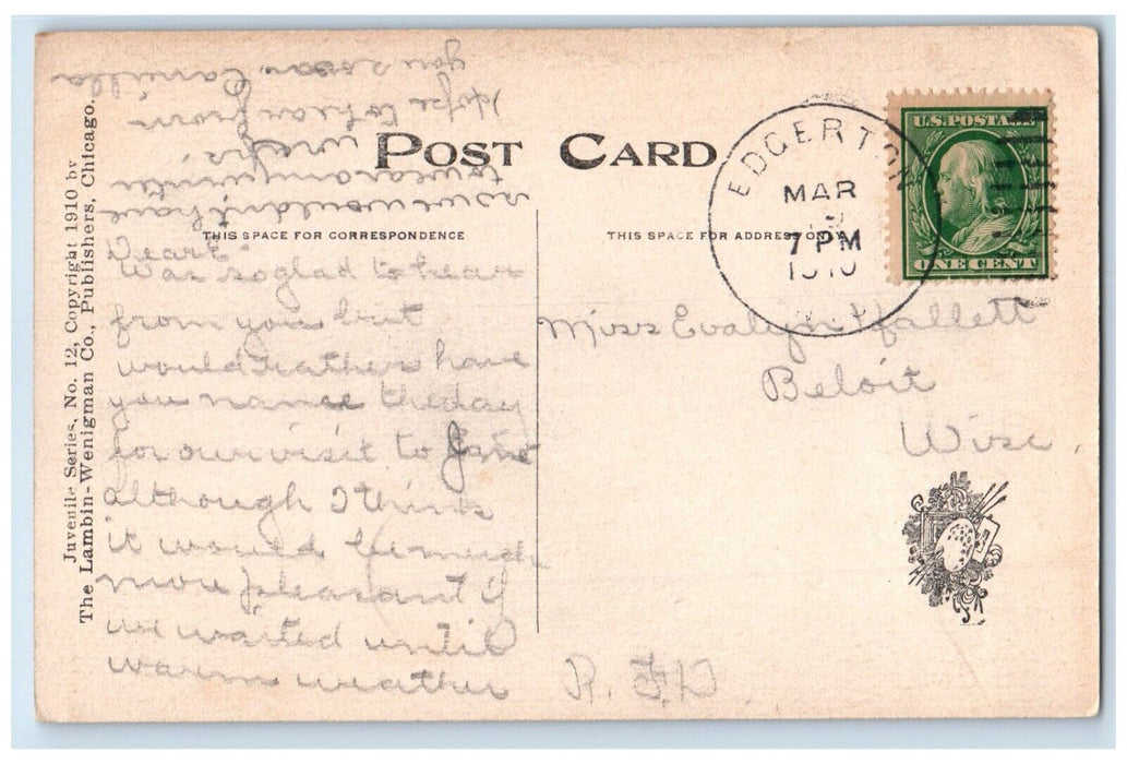 1910 Pretty Woman Big Hat Handwarmer Playing Mama Edgerton WI Antique Postcard