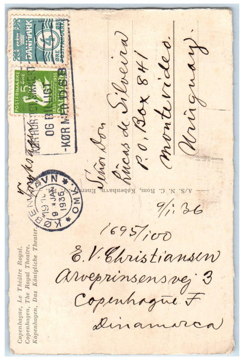 1936 The Royal Theatre Kobenhavn (Copenhagen) Denmark Vintage Posted Postcard