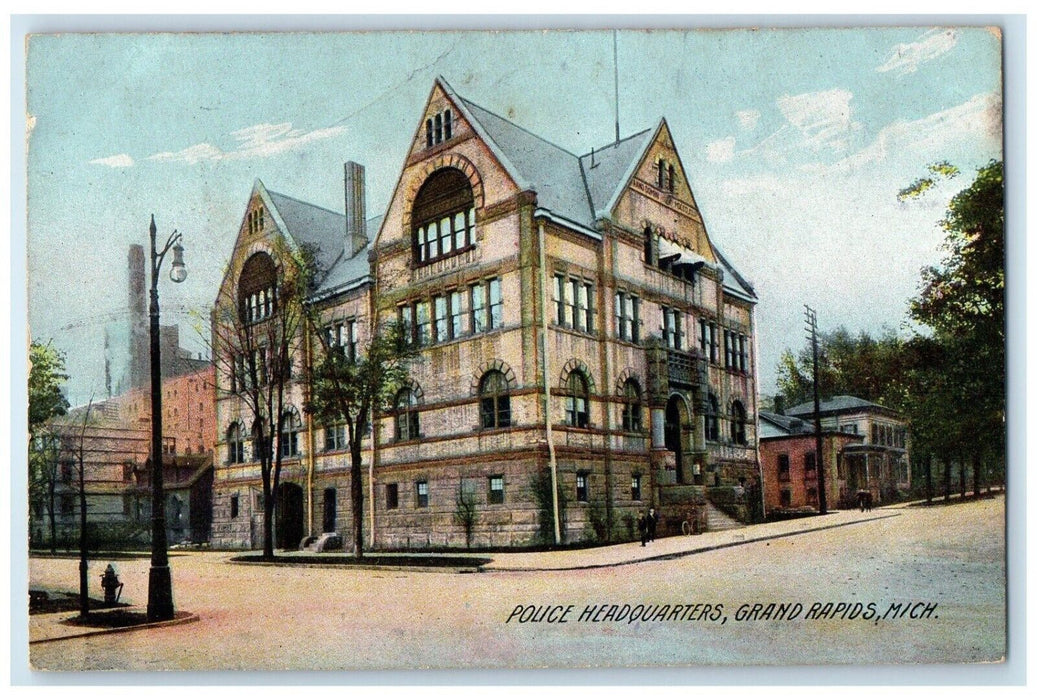 1909 Police Headquarters Scene Street Grand Rapids MI Rotograph Antique Postcard