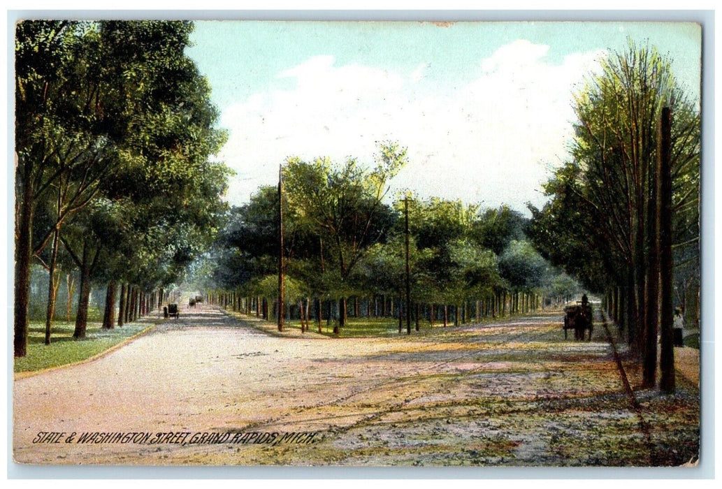 1909 State & Washington Street Horse Carriage Grand Rapids Michigan MI Postcard