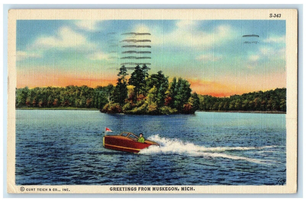 1946 Greetings From Speedboat Trees River Lake Boat Muskegon Michigan Postcard