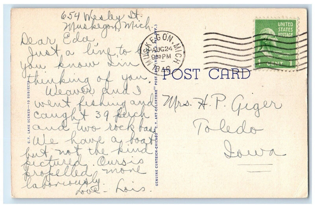 1946 Greetings From Speedboat Trees River Lake Boat Muskegon Michigan Postcard