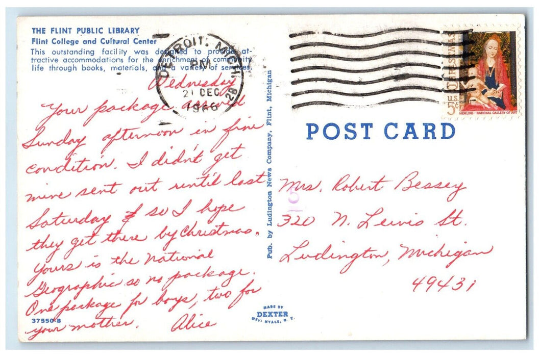 1966 Exterior View Flint Public Library Flint College Cultural Center Postcard