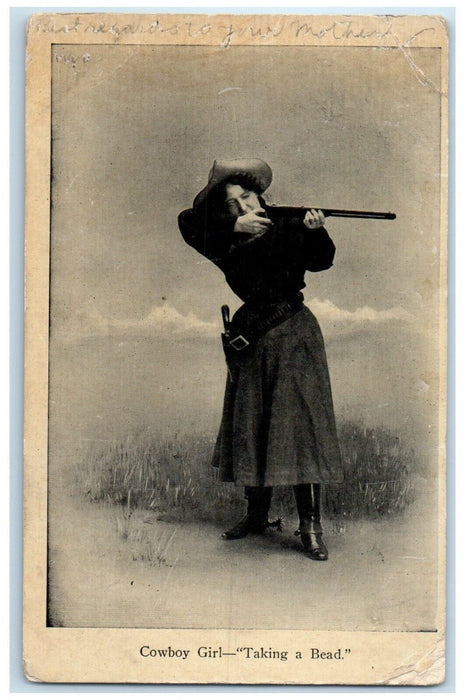 1910 Cowboy Girl Taking A Bead Riverton Wyoming WY Posted Antique Postcard