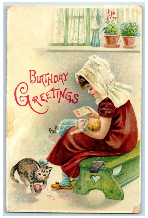 c1910's Birthday Greetings Girl Playing Doll Cat Embossed Antique Postcard