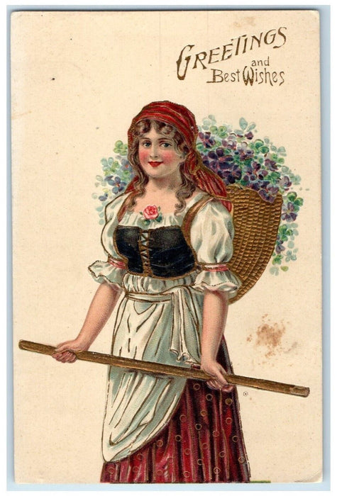 c1910's Greetings And Best Wishes Pretty Woman With Flowers Basket Postcard