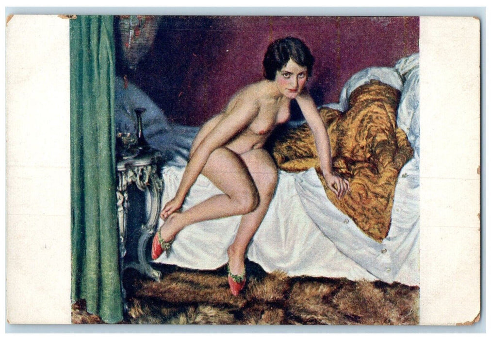 c1910's Pretty Woman Undressed Nude Bedroom Fur Unposted Antique Postcard