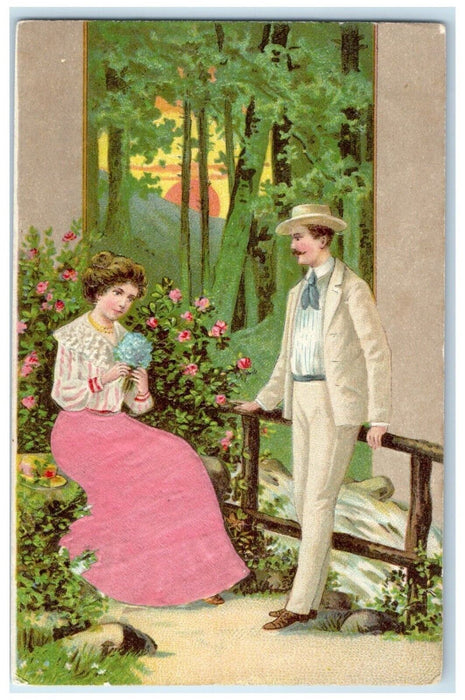 c1905 Couple Romance With Flowers Silk Embossed Unposted Antique Postcard