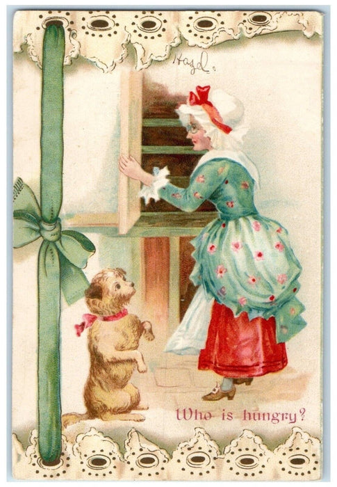 c1910's Woman Closing Window Cute Dog Who Is Hungry Posted Antique Postcard