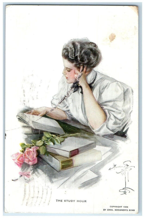 1910 Woman Student The Study Hour Pink Roses Books Salem MA Antique Postcard