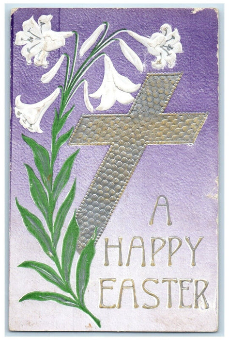 1909 Easter Holy Cross Lilies Flowers Embossed Whittemore Michigan MI Postcard