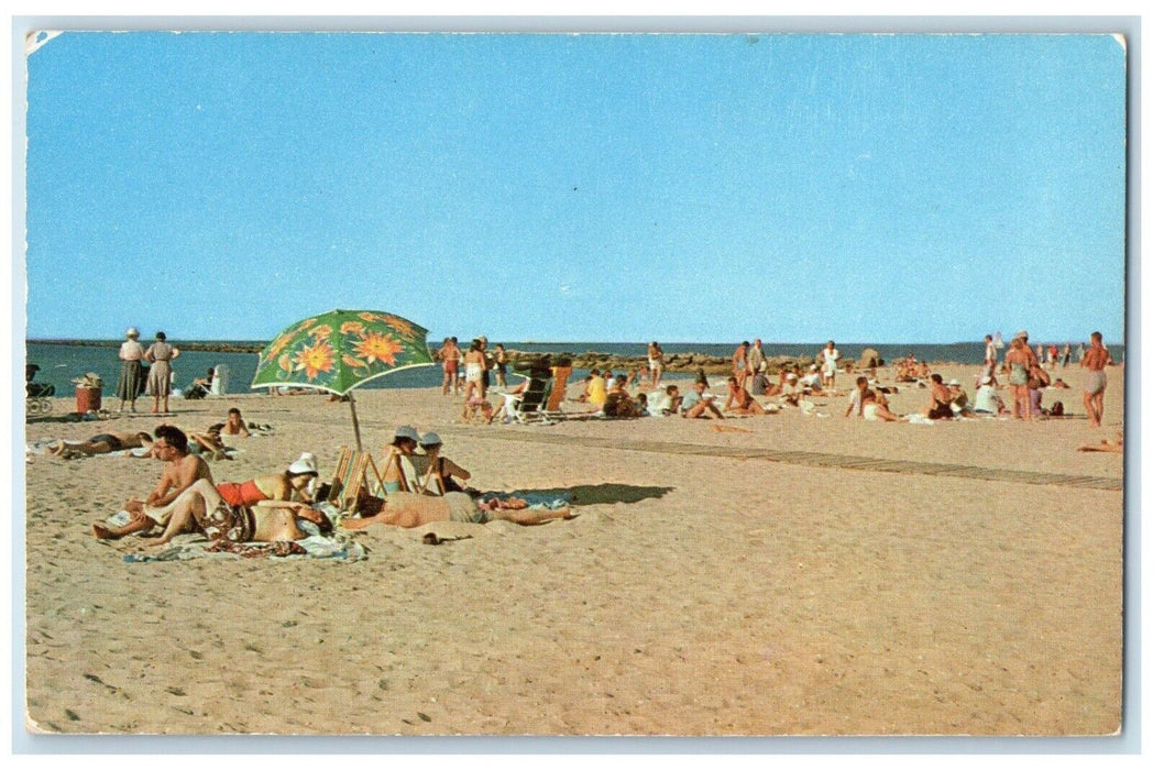 c1960 Greetings From Enjoying Surf Sun Beach Swimsuit Holland Michigan Postcard