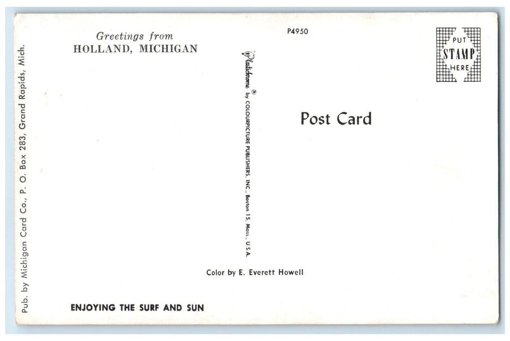 c1960 Greetings From Enjoying Surf Sun Beach Swimsuit Holland Michigan Postcard