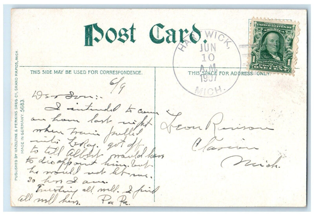 1907 Union Depot Railroad Train Tower Clock Grand Rapids Michigan MI Postcard