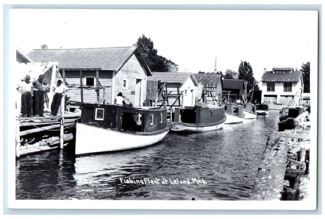 c1940's Fishing Boat Fleet Shack Fishing Leland Michigan MI  RPPC Photo Postcard