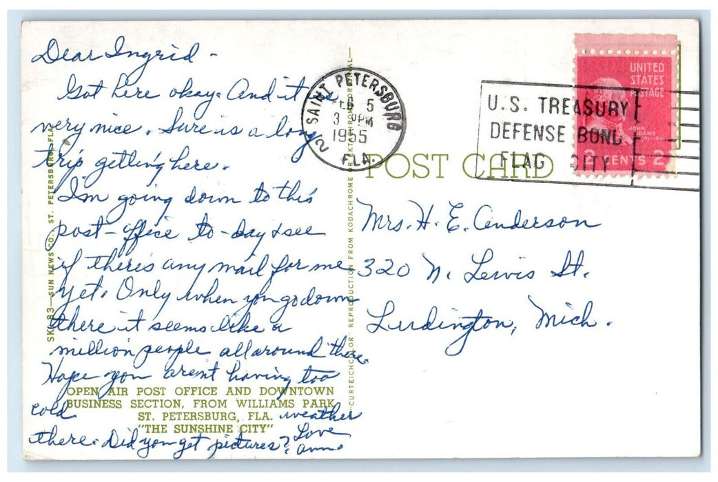 1955 Post Office And Downtown Business Section Cars Saint Petersburg FL Postcard