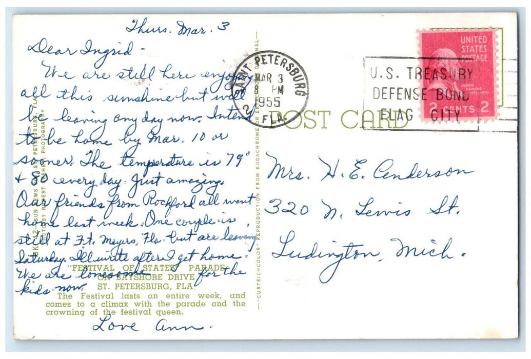 1955 Festival Of States Parade Bayshore Drive St. Petersburg Florida FL Postcard