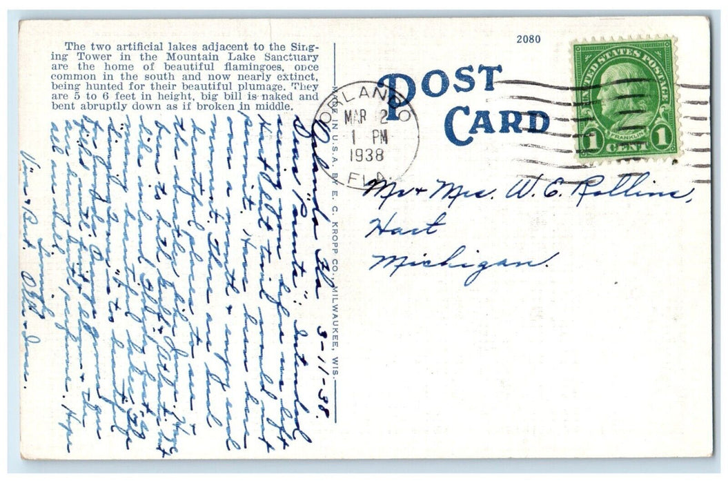1938 View Of Serenely Mountain Lake Sanctuary Lake Wales Florida FL Postcard