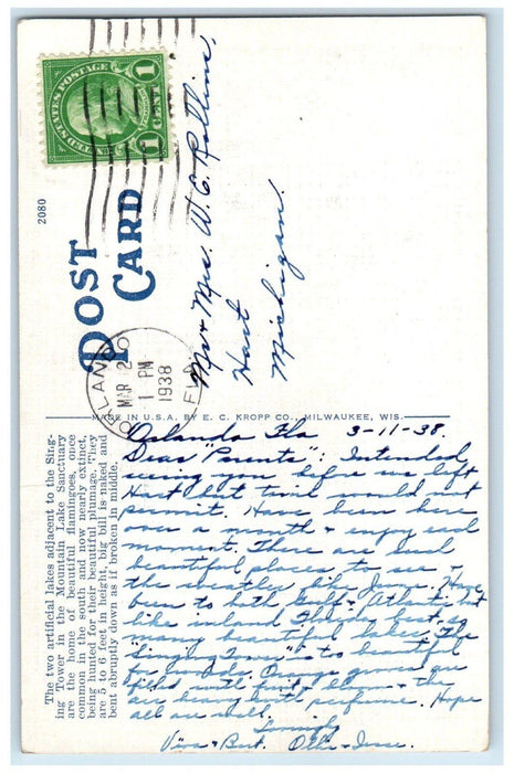 1938 View Of Serenely Mountain Lake Sanctuary Lake Wales Florida FL Postcard