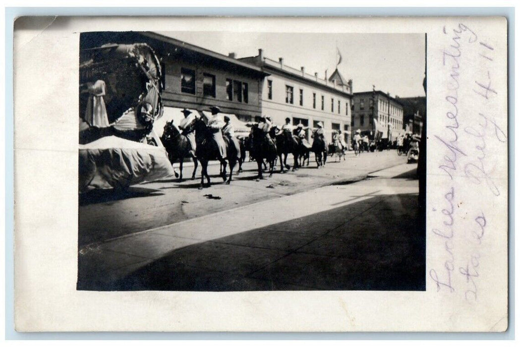 1911 July 4 Parade Patriotic Women States Float Horses CA RPPC Photo Postcard