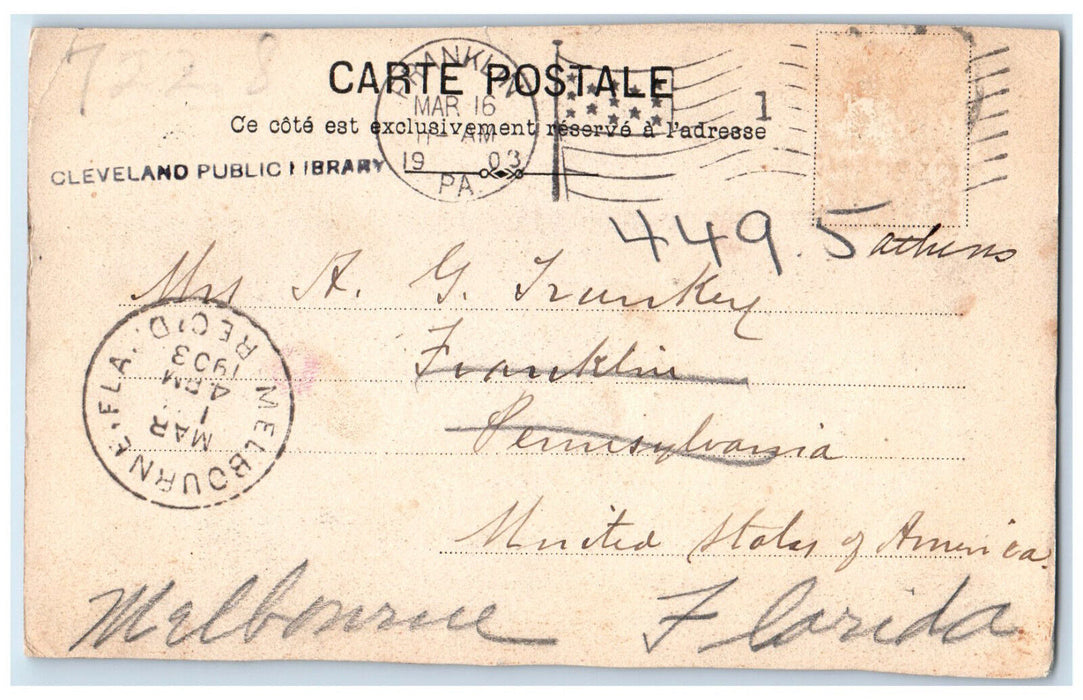 1903 Cariathydes Sculpted Female Figure Athens Greece Melbourne FL Postcard